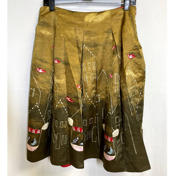 MAEVE by ANTHRO Green Gold Feathered Village Bird Pleated Skirt - Picture 6 of 12